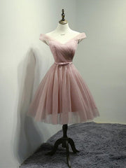 Party Dresses Summer Dresses 2025, Off the Shoulder Short Pink Tulle Prom Dresses, Short Pink Formal Bridesmaid Dresses