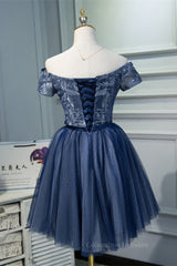 Party Dress Aesthetic, Off the Shoulder Short Sleeves Navy Blue Tutu Party Dress