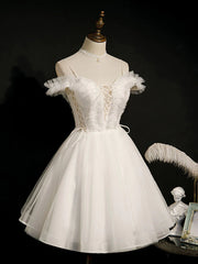 Bridesmaid Dresses Dark Green, Off the Shoulder Short White Lace Prom Dresses, Short White Lace Formal Homecoming Dresses