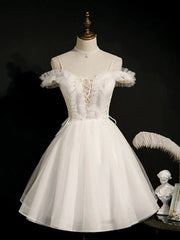 Bridesmaid Dress Dark Green, Off the Shoulder Short White Lace Prom Dresses, Short White Lace Formal Homecoming Dresses