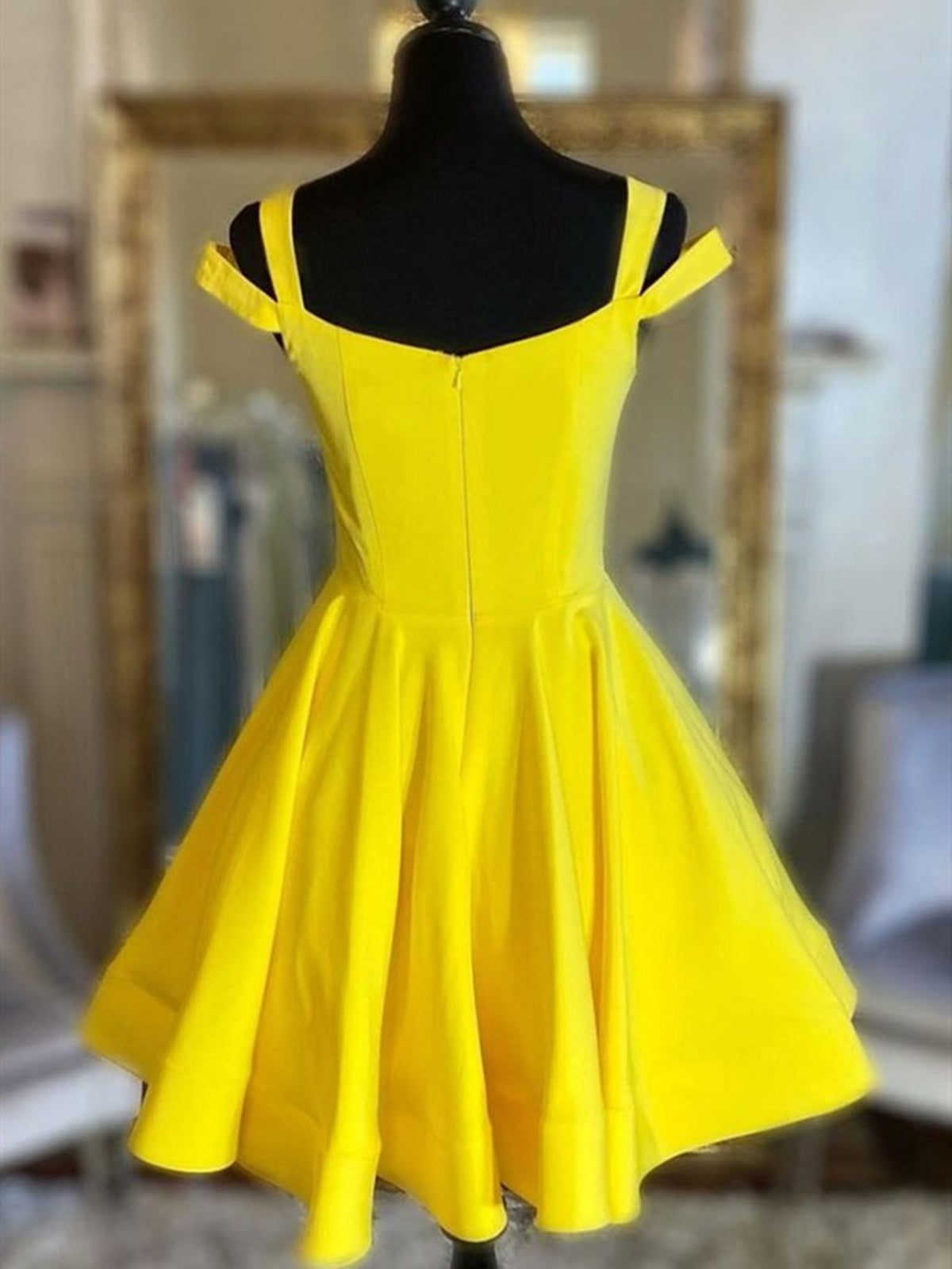 Party Dress For Teenage Girl, Off the Shoulder Short Yellow Satin Prom Dresses, Short Yellow Satin Formal Homecoming Dresses