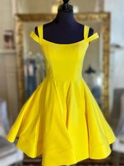 Party Dresses For Teenage Girl, Off the Shoulder Short Yellow Satin Prom Dresses, Short Yellow Satin Formal Homecoming Dresses