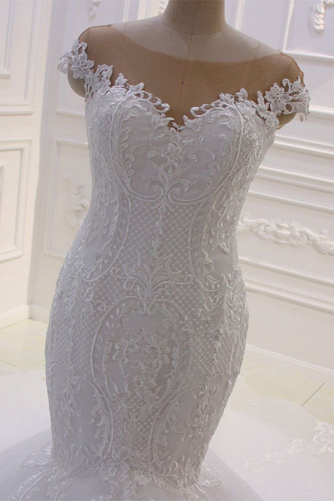 Wedding Dress Boutique, Off the Shoulder Sweetheart White Lace Appliques Tulle Mermaid Wedding Dress