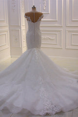 Wedding Dresses Nearby, Off the Shoulder Sweetheart White Lace Appliques Tulle Mermaid Wedding Dress