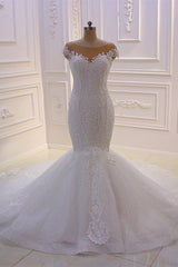 Wedding Dresses Boutiques, Off the Shoulder Sweetheart White Lace Appliques Tulle Mermaid Wedding Dress