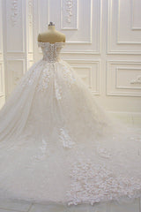 Wedding Dresses Classy Elegant, Off the shoulder Tulle Lace Appliques Sequined Wedding Dress