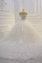 Wedding Dress Elegant Classy, Off the shoulder Tulle Lace Appliques Sequined Wedding Dress