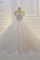 Wedding Dress Shopping Outfits, Off the shoulder Tulle Lace Appliques Sequined Wedding Dress