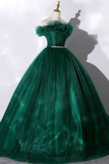 Cocktail Party Outfit, Off the Shoulder Tulle Long Prom Dress, Green A-Line Evening Graduation Dress