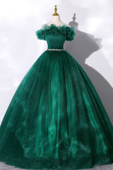 Party Outfit Night, Off the Shoulder Tulle Long Prom Dress, Green A-Line Evening Graduation Dress