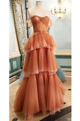 Gala Dress, Off The Shoulder Tulle Tiered Long Prom Dress, A Line Evening Gown