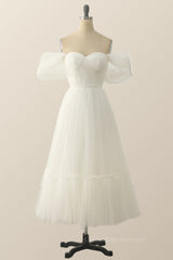 Formal Dresses Corset, Off the Shoulder White A-line Polk Dots Midi Dress