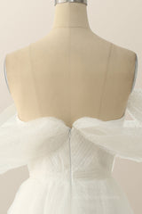 Formal Dress Floral, Off the Shoulder White A-line Polk Dots Midi Dress