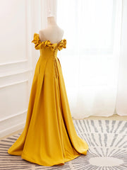 Bridesmaid Dress Designer, Off the Shoulder Yellow Burgundy Long Prom Dresses, Yellow Wine Red Long Satin Formal Dresses