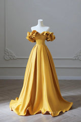 Prom Dress Long With Sleeves, Off the Shoulder Yellow Satin Long Prom Dresses, Off Shoulder Yellow Long Formal Evening Dresses