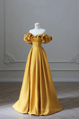 Prom Dresses Long With Sleeves, Off the Shoulder Yellow Satin Long Prom Dresses, Off Shoulder Yellow Long Formal Evening Dresses