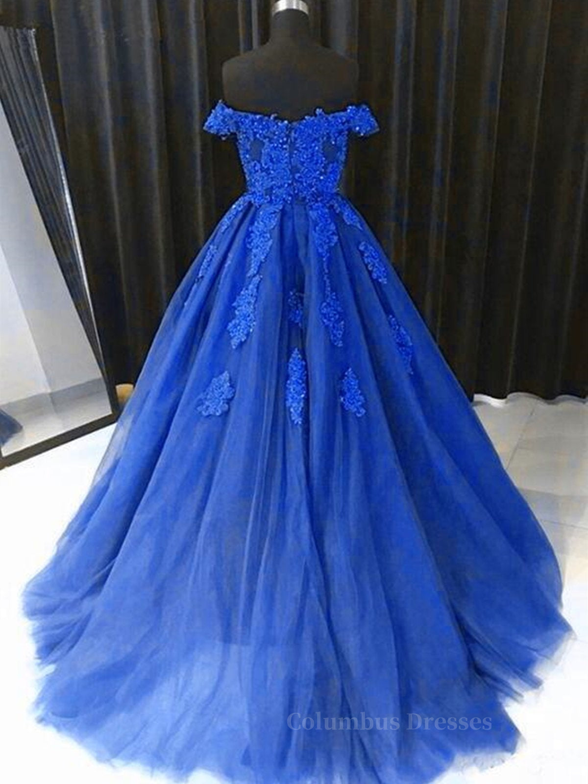 Homecoming Dress Shopping Near Me, Off the Shouler Royal Blue Lace Prom Dresses, Off Shoulder Blue Lace Formal Evening Dresses