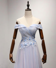 Party Dress Cocktail, Light Blue Tulle Lace Long Prom Dress, Lace Evening Dress