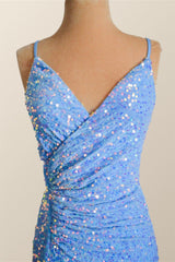 Prom Dresses For 26 Year Olds, Straps Blue Sequin Ruched Faux Wrap Dress