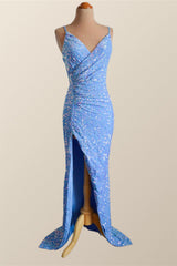 Prom Dress Long Sleeve Ball Gown, Straps Blue Sequin Ruched Faux Wrap Dress