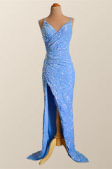 Prom Dresses Orange, Straps Blue Sequin Ruched Faux Wrap Dress