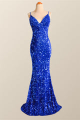 Prom Dress Ideas Black Girl, Sparkle Royal Blue Sequin Mermaid Prom Dress