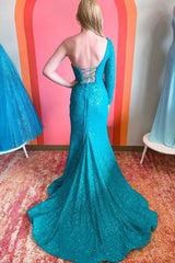 One Shouder Long Sleeves Sequins Mermaid Prom Dress with Slit