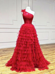 Red Formal Dress, One Shoulder A-Line Tulle Burgundy Long Prom Dress, Burgundy Graduation Dress