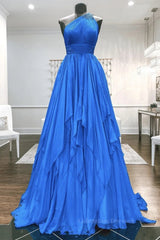 Bridesmaids Dress Pink, One Shoulder Backless Blue Chiffon Long Prom Dress, Beaded Blue Long Formal Evening Dress