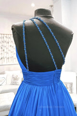Bridesmaid Dress Long Sleeves, One Shoulder Backless Blue Chiffon Long Prom Dress, Beaded Blue Long Formal Evening Dress
