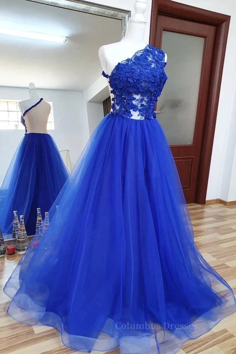 Prom Inspo, One Shoulder Backless Royal Blue Lace Long Prom Dress, Royal Blue Lace Formal Dress, Backless Royal Blue Evening Dress