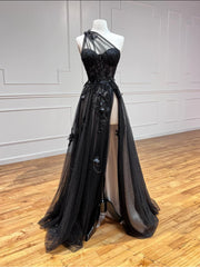 Bridesmaid Dresses 3 7 Length, One Shoulder Black Lace Floral Long Prom Dresses, One Shoulder Black Lace Formal Evening Dresses