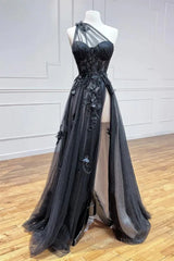 Grad Dress, One Shoulder Black Lace Prom Dresses, One Shoulder Black Lace Formal Evening Dresses
