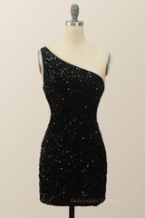 Evening Dress Long Elegant, One Shoulder Black Sequin Bodycon Mini Dress
