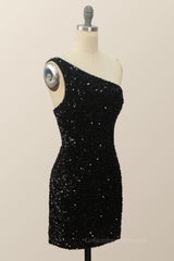 Evening Dresses Long Elegant, One Shoulder Black Sequin Bodycon Mini Dress