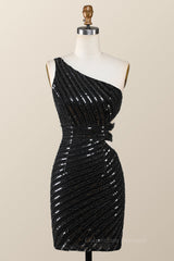 Dance Dress, One Shoulder Black Sequin Tight Mini Dress