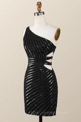 Plu Size Prom Dress, One Shoulder Black Sequin Tight Mini Dress