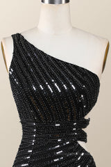 Long Prom Dress, One Shoulder Black Sequin Tight Mini Dress