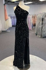 Prom Dress Classy, One Shoulder Black Sequins Mermaid Long Prom Dresses, Black Sequins Mermaid Long Prom Dresses