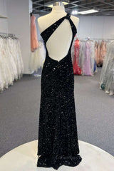 Prom Dress Types, One Shoulder Black Sequins Mermaid Long Prom Dresses, Black Sequins Mermaid Long Prom Dresses