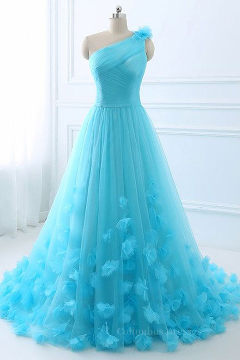 Summer Wedding Color, One Shoulder Blue 3D Flowers Long Prom Dress, Blue Floral Formal Evening Dress