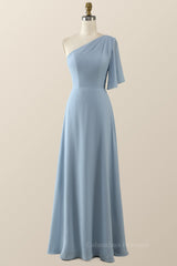 Homecoming Dresses Chiffon, One Shoulder Blue Chiffon Long Bridesmaid Dress