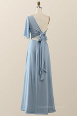 Homecoming Dress Chiffon, One Shoulder Blue Chiffon Long Bridesmaid Dress