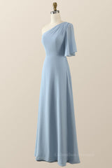Homecoming Dresses Sage Green, One Shoulder Blue Chiffon Long Bridesmaid Dress
