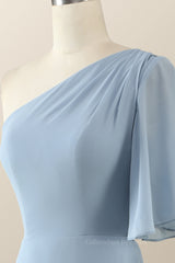 Homecoming Dresses, One Shoulder Blue Chiffon Long Bridesmaid Dress