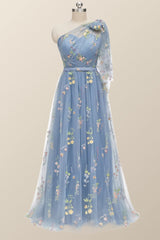Evening Dress Elegant, One Shoulder Blue Floral Long Formal Dress