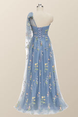 2065 Prom Dress, One Shoulder Blue Floral Long Formal Dress