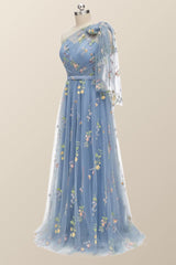 Corset Dress, One Shoulder Blue Floral Long Formal Dress