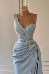 25 Th Grade Dance Dress, One shoulder blue prom dress in mermaid pleats