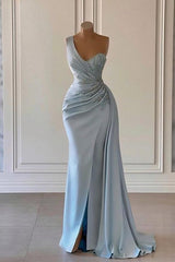Prom Pictures, One shoulder blue prom dress in mermaid pleats